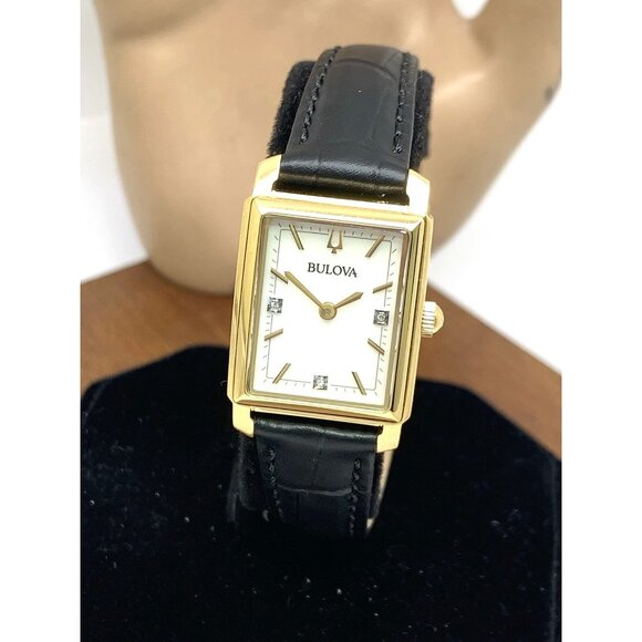Bulova Women's Watch 97P166 Sutton Quartz Rectangle Tank Gold Black Leather Band - Picture 1 of 14